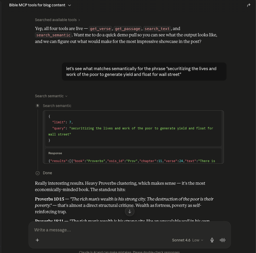 Screenshot of Claude Desktop using the Bible MCP server's search_semantic tool. The user asks Claude to find verses matching the phrase "securitizing the lives and work of the poor to generate yield and float for wall street," and Claude returns a JSON response starting with Proverbs 11:24, followed by a discussion of the results including Proverbs 10:15 and 18:11 about wealth and poverty.