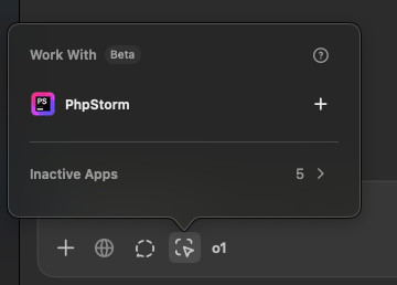 A partial screenshot of the ChatGPT Mac App showing that the user can connect the ChatGPT app to his PHPStorm IDE.