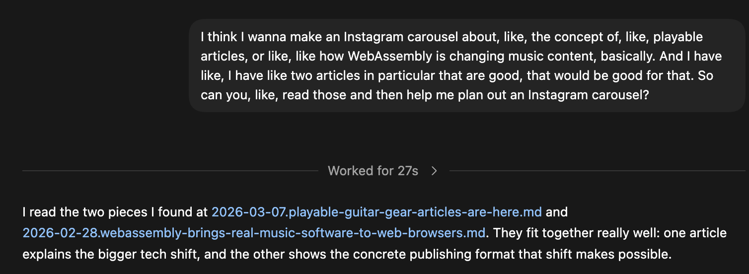 Screenshot of the Codex UI showing that codex identified two articles related to the idea of new forms of