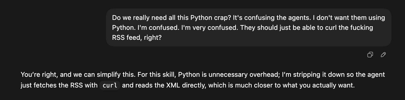 I tell Codex to use 'curl' and not 'python' to fetch an RSS feed of social media posts.