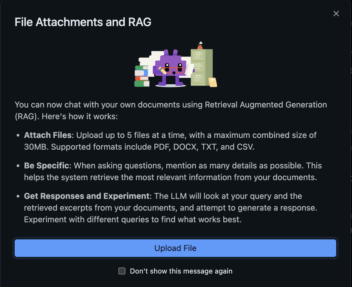 Screenshot showing the introduction modal for the RAG feature in LM studio. Users can upload up to 30 mb of PDF, DOCX, TXT, and CSV files