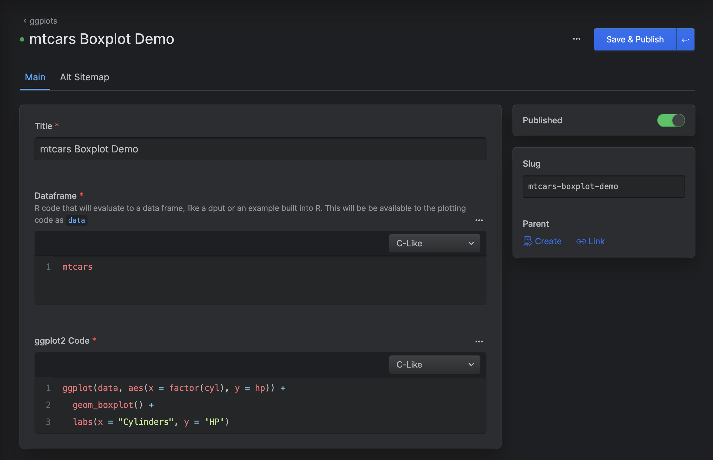 Screenshot of a form UI in a website backend showing among, other fields, one for data, and the other for plotting code with ggplot2.