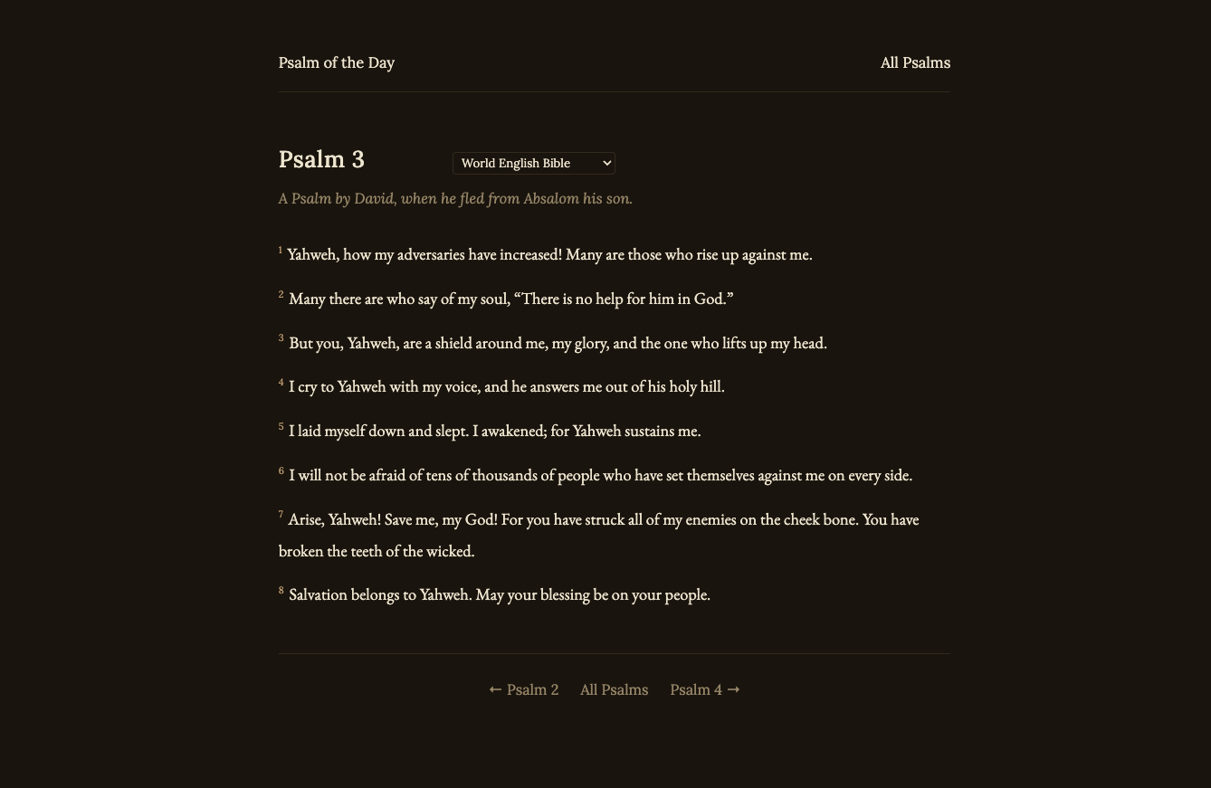 A screenshot of a website UI with a multi-lingual reader for the Psalms and a select input to change the translation