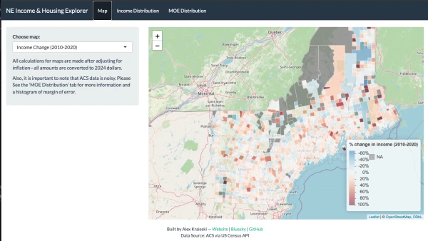 Screenshot of an app that lets users choose between several maps of Northern New England. The map showing displays % change in income for each country subdivision.